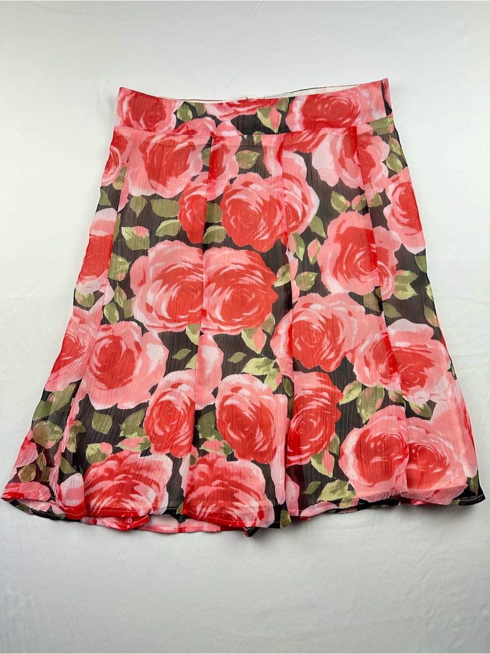 VTG Y2K Rose Print Chiffon Midi Skirt Romantic Whimsigoth Pleated Floral Mesh 8